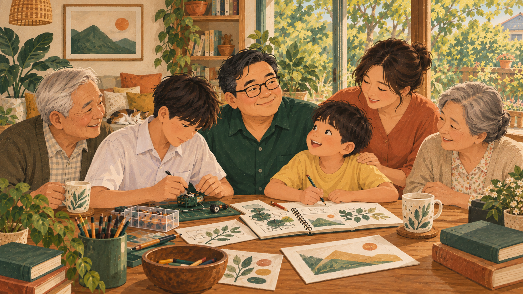 ภาพวาดดิจิทัลเชิงภาพประกอบของครอบครัวใหญ่ มีคุณพ่อ ภรรยา ลูกชายวัยมัธยม ลูกชายวัยประถม และคุณปู่คุณย่า ไม่ใช่ภาพถ่าย
