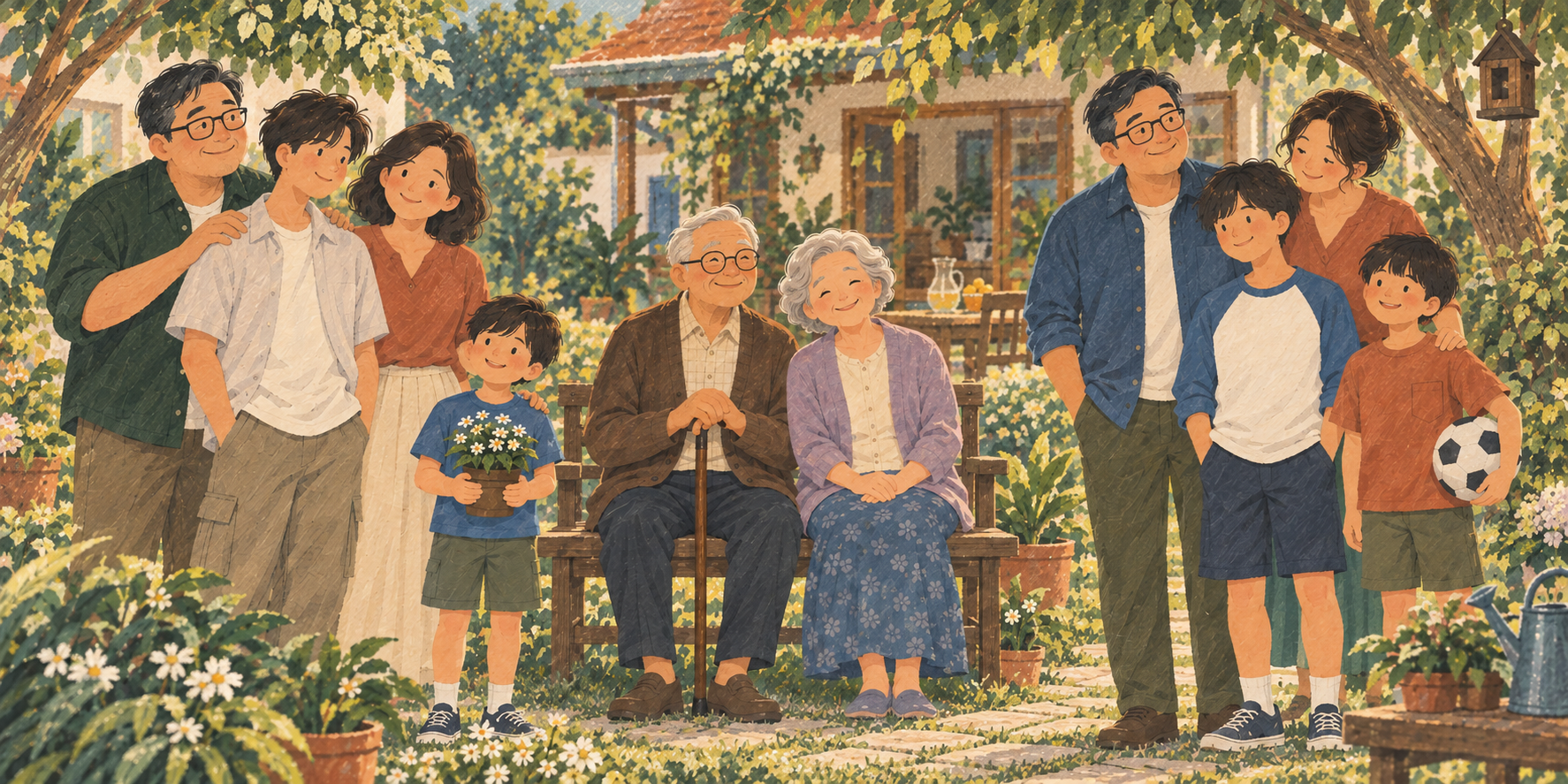 ภาพวาดดิจิทัลเชิงภาพประกอบของครอบครัวใหญ่ 10 คน ไม่ใช่ภาพถ่าย